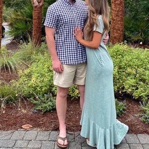 Sage Maxi Dress Ruffle Slit Short Sleeve Cotton